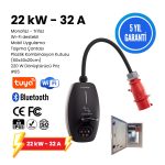 22KW V3 Elektrikli Araç Şarj Cihazı, Türkçe Mobil Uygulama, 5 Yıl Garanti (40x60x20 Pano, Schneider 40A 30MA Kaçak Akım, 3x40 Grup Sigorta, 1x16 sigorta, 5x32 Dişi Piriz, 220V Piriz)Taşıma Çantası ve 220V Dönüştürücü Piriz)