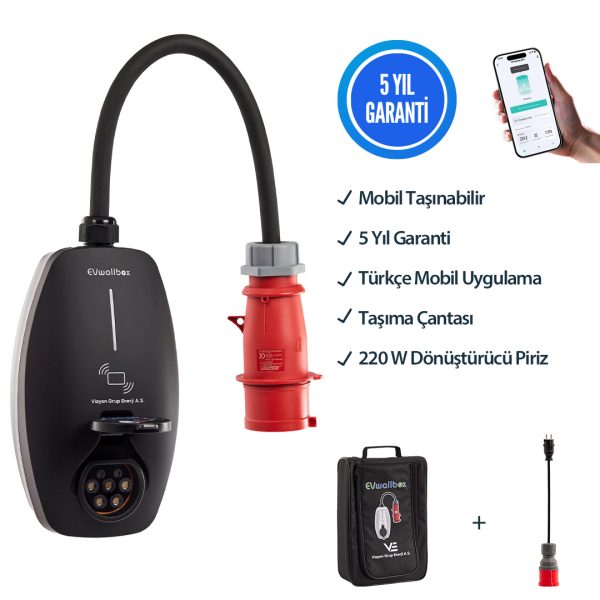 EVwallbox 22KW V3 Türkçe Mobil Uygulama Mobil Taşınabilir Elektrikli Araç Şarj Cihazı 5 Yıl Garanti (Taşıma Çantası ve 220V Dönüştürücü Adaptör)