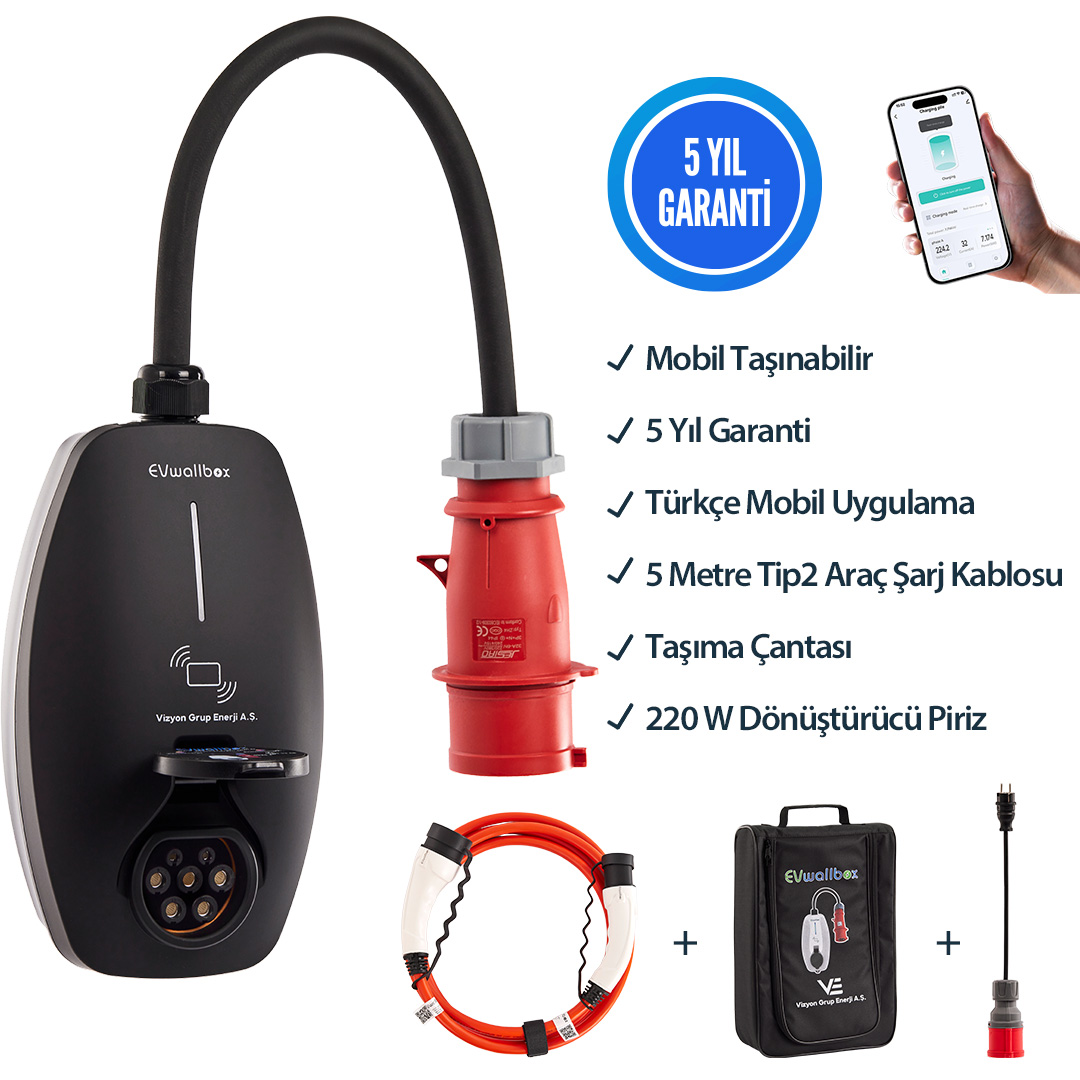 EVwallbox-22KW-V3-5-Metre-Tip2-Taşıma-Çantası-Dönüştürücü EVwallbox 22KW V3 Türkçe Mobil Uygulama 5 Yıl Garanti, (5 Metre Tip2 Araç Şarj Kablosu, Taşıma Çantası ve 220V Dönüştürücü Piriz) - Görsel 1