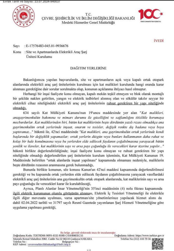 Site ve Apartmanlarda Elektrikli Araç Şarj Ünitesi Kurulumu hakkında genelge - sayfa 1