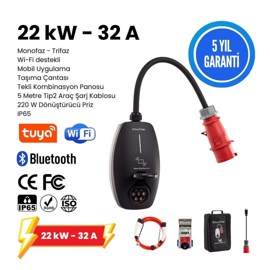 22KW V3 Elektrikli Araç Şarj Cihazı, Türkçe Mobil Uygulama, 5 Yıl Garanti, (Tekli Pano, 5,8,10,15 Metre Tip2 Araç Şarj Kablosu, Çanta, 220V Dönüştürücü Adaptör) 22KW V3 Elektrikli Araç Şarj Cihazı, Türkçe Mobil Uygulama, 5 Yıl Garanti, (Kombinasyon panosu, 5,8,10,15 Metre Tip2 Araç Şarj Kablosu, Çanta, 220V Dönüştürücü Adaptör) - Görsel 1
