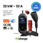 EVcharge 22 kW - 32 A Elektrikli Araç Şarj Cihazı, TYPE 2, 5 MT Kablolu, Monofaz, Trifaz, IP65, Wi-Fi, Türkçe Mobil Uygulama