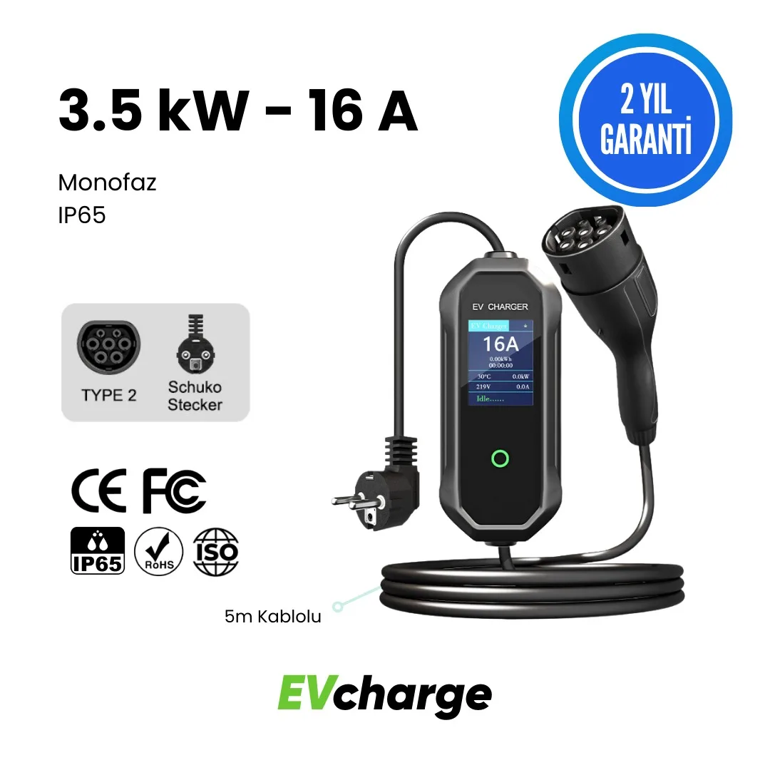 3,5 KW 16 A EVC kopyası EVcharge 3.5kW - 16 A Elektrikli Araç Şarj Cihazı, TYPE 2, 5 MT Kablolu, Monofaz, IP65 - Görsel 1