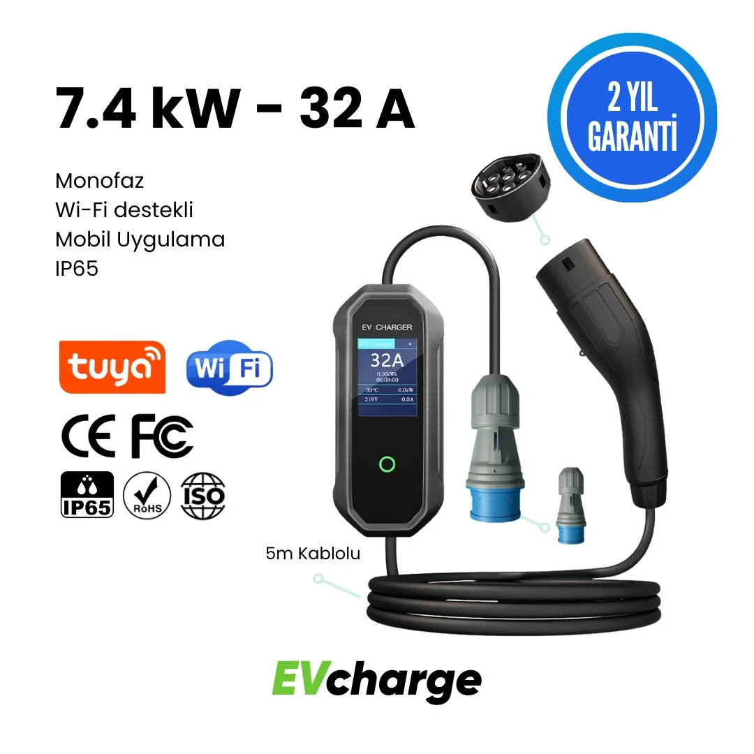 EVcharge 7.4 kW – 32 A Elektrikli Araç Şarj Cihazı, TYPE 2, 5 MT Kablolu, Monofaz, IP65, Wi-Fi, Türkçe Mobil Uygulama EVcharge 7.4 kW - 32 A Elektrikli Araç Şarj Cihazı, TYPE 2, 5 MT Kablolu, Monofaz, IP65, Wi-Fi, Türkçe Mobil Uygulama - Görsel 1